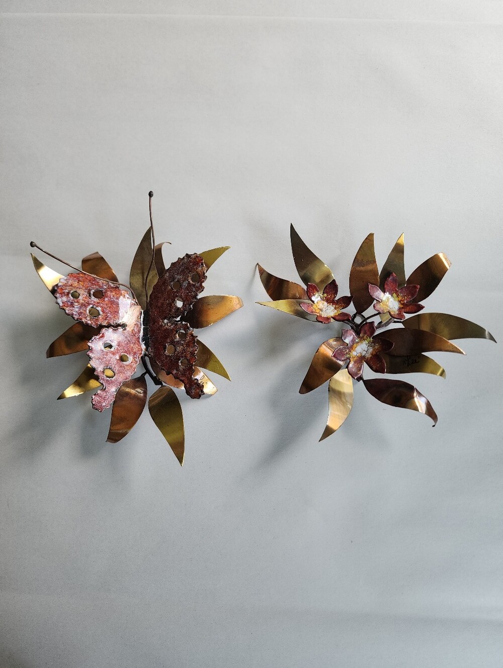 Frank Lee Enamel Brass Flowers & Butterfly Sculpture Set Signed "Lee"